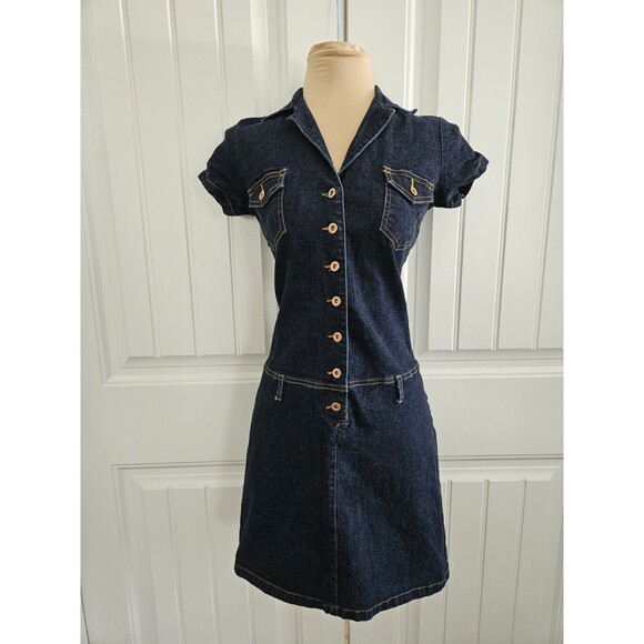 Tommy Hilfiger Vintage Y2K Denim Dress Sz M Dropped Waist Button Front Stretch - Picture 1 of 11
